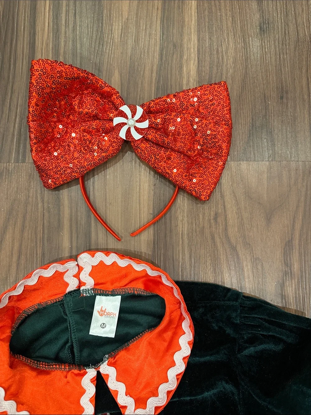 Kids Green and Red Peppermint Elf Costume with Sparkle Bow sequin headband M